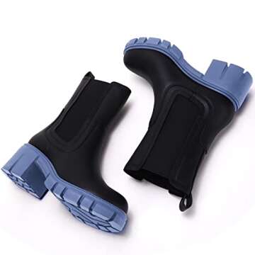 TINSTREE Womens Lug Sole Platform Boots Mid Calf, Women's Lug Sole Platform Boots Mid Calf Elastic Chunky Block Heel Leather Chelsea Booties Blue Black,7.5