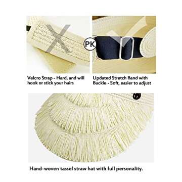 Tiered Tassel Sun Visor Hats for Women Stretch Band Adjustable with Buckle UPF 50+ Wide Brim Summer Beach Hat Rollable, 2 PCS, Off-White+Beige
