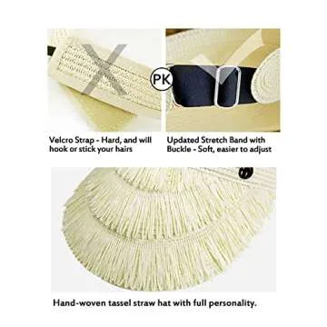 Tiered Tassel Sun Visor Hats for Women Stretch Band Adjustable with Buckle UPF 50+ Wide Brim Summer Beach Hat Rollable, 2 PCS, Off-White+Beige