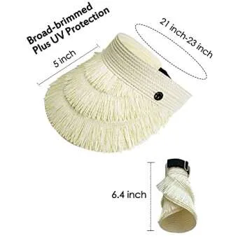 Tiered Tassel Sun Visor Hats for Women Stretch Band Adjustable with Buckle UPF 50+ Wide Brim Summer Beach Hat Rollable, 2 PCS, Off-White+Beige