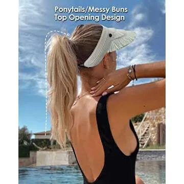 Tiered Tassel Sun Visor Hats for Women Stretch Band Adjustable with Buckle UPF 50+ Wide Brim Summer Beach Hat Rollable, 2 PCS, Off-White+Beige