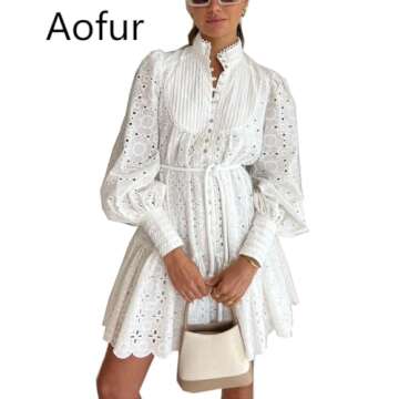 Aofur Summer Cotton V Neck Long Losse Sleeve Casual Party A-Line Dresses Embroidery Short Dress(Medi...