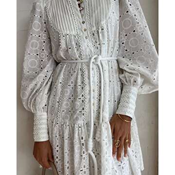 Aofur Summer Cotton V Neck Long Losse Sleeve Casual Party A-Line Dresses Embroidery Short Dress(Medium,New White)