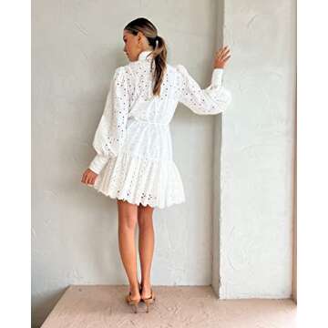 Aofur Summer Cotton V Neck Long Losse Sleeve Casual Party A-Line Dresses Embroidery Short Dress(Medium,New White)