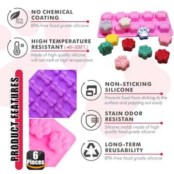 Silicone Puppy Paw and Bone Molds - 6 Pack for Baking