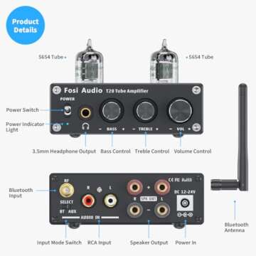 Fosi Audio T20 Bluetooth 5.0 Tube Amplifier Headphone Amp Support aptX HD Stereo Receiver 2 Channel ...