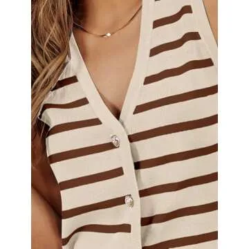LILLUSORY Vest Tops for Women Striped Sweater Vest 2025 Summer Crochet Cropped Button Up Work Tank Top Outfits Clothes ApricotCoffee S