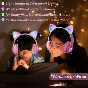 KORABA Cat Ear Kids Headphones Bluetooth, LED Light up Wireless/Wired Mode Over Ear Headphones with ...