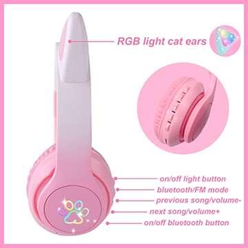 KORABA Cat Ear Kids Headphones Bluetooth, LED Light up Wireless/Wired Mode Over Ear Headphones with Build in Microphone for School/Travel (Pink)