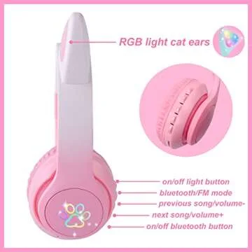 KORABA Cat Ear Kids Headphones Bluetooth, LED Light up Wireless/Wired Mode Over Ear Headphones with Build in Microphone for School/Travel (Pink)
