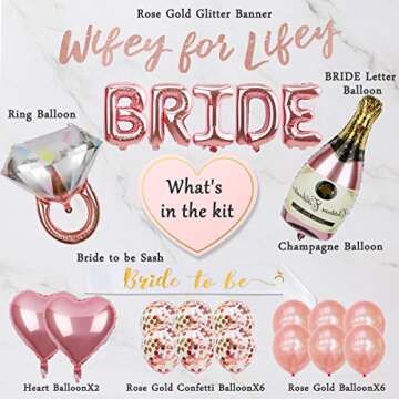 Bachelorette Party Decorations Kit, Bridal Shower Supplies - Bride Balloon, Bride to Be Sash, Ring Foil, Champagne Foil, Heart Balloon, Rose Gold Balloon, Glitter Banner | Wifey for Lifey