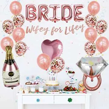 Bachelorette Party Decorations Kit, Bridal Shower Supplies - Bride Balloon, Bride to Be Sash, Ring Foil, Champagne Foil, Heart Balloon, Rose Gold Balloon, Glitter Banner | Wifey for Lifey