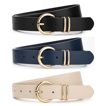 Rrwin 3 Pack Women Belts for Jeans Pants, Trendy Fashion Gold Buckle Ladies Dress Belt