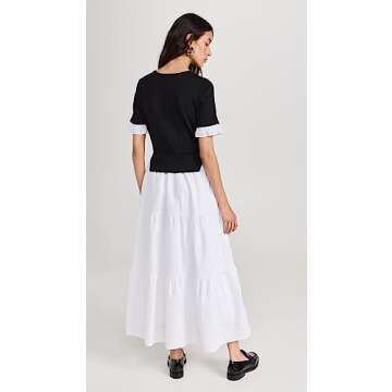 English Factory Women's Mixed Media Short Sleeve Maxi Dress, Black/Ivory, XS