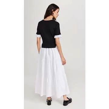 English Factory Women's Mixed Media Short Sleeve Maxi Dress, Black/Ivory, XS