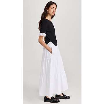 English Factory Women's Mixed Media Short Sleeve Maxi Dress, Black/Ivory, XS