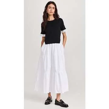 English Factory Women's Mixed Media Short Sleeve Maxi Dress, Black/Ivory, XS