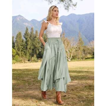 Women Summer Long Maxi Skirt A Line Ruffled Beach Skirt with Pockets Mint Green L