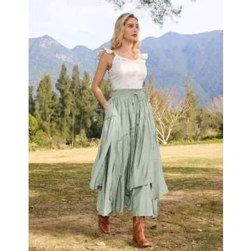 Women Summer Long Maxi Skirt A Line Ruffled Beach Skirt with Pockets Mint Green L