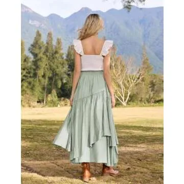 Women Summer Long Maxi Skirt A Line Ruffled Beach Skirt with Pockets Mint Green L