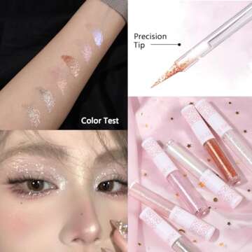 6Pcs Liquid Glitter Eyeshadow Eyeliner, Korean Makeup, Bling Under Eye Shadow, Shimmer Eye Make Up V...