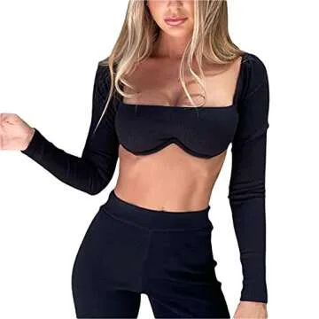 Women Sexy Bodycon Ribbed Crop Top Long Sleeves Square Neck/Back Cropped T-Shirt