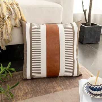 Vfuty Farmhouse Throw Pillow Covers for Couch Sofa Decorative Faux Leather Square Cushion Cover Tribal Stripe Accent Pillow Case 18 x 18 Inch, Tan