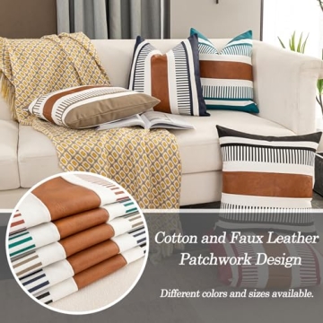 Vfuty Farmhouse Throw Pillow Covers for Couch Sofa Decorative Faux Leather Square Cushion Cover Tribal Stripe Accent Pillow Case 18 x 18 Inch, Tan
