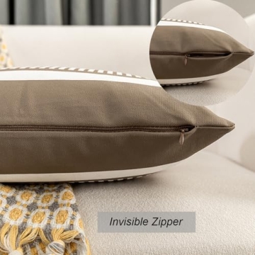 Vfuty Farmhouse Throw Pillow Covers for Couch Sofa Decorative Faux Leather Square Cushion Cover Tribal Stripe Accent Pillow Case 18 x 18 Inch, Tan