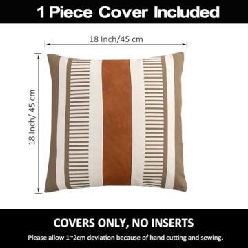 Vfuty Farmhouse Throw Pillow Covers for Couch Sofa Decorative Faux Leather Square Cushion Cover Tribal Stripe Accent Pillow Case 18 x 18 Inch, Tan