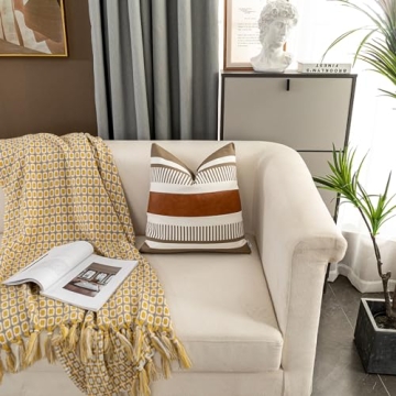 Vfuty Farmhouse Throw Pillow Covers for Couch Sofa Decorative Faux Leather Square Cushion Cover Tribal Stripe Accent Pillow Case 18 x 18 Inch, Tan