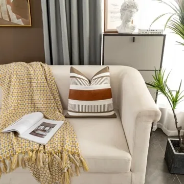 Vfuty Farmhouse Throw Pillow Covers for Couch Sofa Decorative Faux Leather Square Cushion Cover Tribal Stripe Accent Pillow Case 18 x 18 Inch, Tan