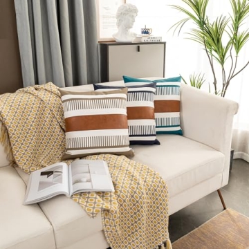 Vfuty Farmhouse Throw Pillow Covers for Couch Sofa Decorative Faux Leather Square Cushion Cover Tribal Stripe Accent Pillow Case 18 x 18 Inch, Tan