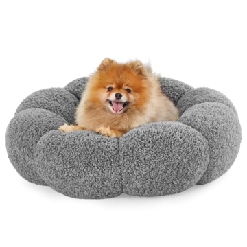 Lesure Calming Small Dog Bed - Flower Donut Round Fluffy Puppy Bed in Plush Teddy Sherpa, Non-Slip C...