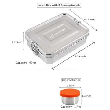 MORE-ECO Bento Box for Adult Stainless Steel 3 Compartment Lunch Box with Dip Container Leakproof 40 Oz Dishwasher Safe Meal Prep Eco Friendly Food Container with Secure Lock (Silver)