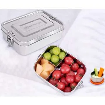 MORE-ECO Bento Box for Adult Stainless Steel 3 Compartment Lunch Box with Dip Container Leakproof 40 Oz Dishwasher Safe Meal Prep Eco Friendly Food Container with Secure Lock (Silver)