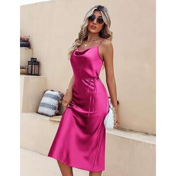 Ekouaer Women's Party Dress Wedding Guest Dresses Sexy Spaghetti Strap Club Midi Elegant Satin Slip Dress Rose Red