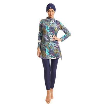 Ababalaya Fully Covered Swimsuits 3 Pieces Full Covered Burkini Swimwear with Swimming Cap,105Navy Blue,US Size 4-6