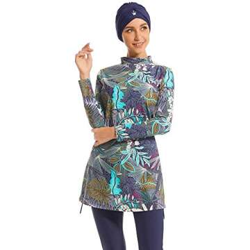 Ababalaya Fully Covered Swimsuits 3 Pieces Full Covered Burkini Swimwear with Swimming Cap,105Navy Blue,US Size 4-6
