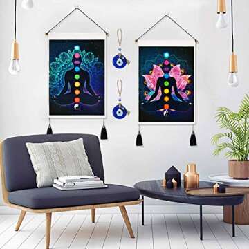 Handmade Glass Evil Eye Bead Wall Hanging Decor - Attached to Jute Rope - DIY Nazar Lucky Blue Charm Talisman Eyes - Turkish Amulet - Decorative Ornament Great Gift