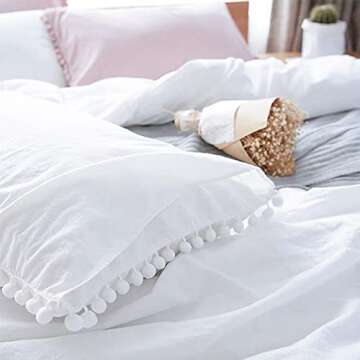 Pom Standard Size Pillow Shams Set of 2 - Boho Ball Tassel Trimmed Pillowshams - Pompom Fringe Cute Microfiber Pillowcases, 20x26 Inch, White…