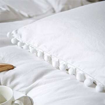 Pom Standard Size Pillow Shams Set of 2 - Boho Ball Tassel Trimmed Pillowshams - Pompom Fringe Cute Microfiber Pillowcases, 20x26 Inch, White…