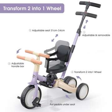 newyoo Toddler Tricycle with Push Handle for 1-3 Year Old, Toddler Bike, Birthday Toy for Boys and Girls, 5 in 1 Kids Trike, Balance Bike with Backrest and Safety Belt, Purple, TR007