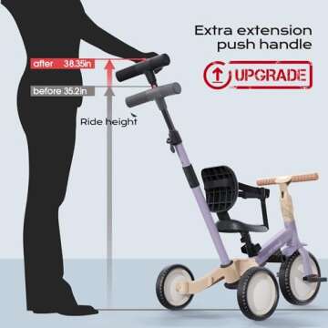 newyoo Toddler Tricycle with Push Handle for 1-3 Year Old, Toddler Bike, Birthday Toy for Boys and Girls, 5 in 1 Kids Trike, Balance Bike with Backrest and Safety Belt, Purple, TR007