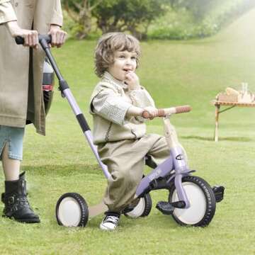 newyoo Toddler Tricycle with Push Handle for 1-3 Year Old, Toddler Bike, Birthday Toy for Boys and Girls, 5 in 1 Kids Trike, Balance Bike with Backrest and Safety Belt, Purple, TR007