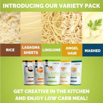 NEW! Palmini Pouch VARIETY PACK | Linguine | Angel Hair | Lasagna | Rice | Mashed | 4g of Carbs | As Seen On Shark Tank | Gluten Free (12 Ounce)