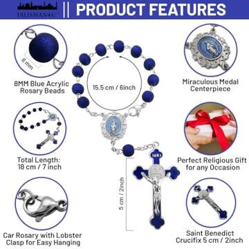 Saint Benedict One Decade Car Rosary for Rearview Mirror Virgin Mary Medal Deep Blue Rosary Beads Ca...