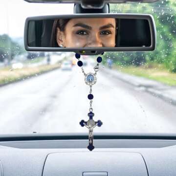 Saint Benedict One Decade Car Rosary for Rearview Mirror Virgin Mary Medal Deep Blue Rosary Beads Catholic Evil Protection Auto Rosary for Women Men