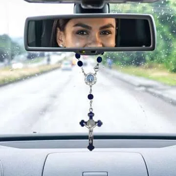 Saint Benedict One Decade Car Rosary for Rearview Mirror Virgin Mary Medal Deep Blue Rosary Beads Catholic Evil Protection Auto Rosary for Women Men