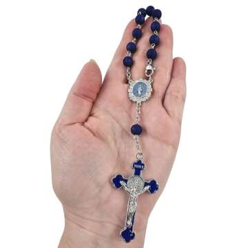 Saint Benedict One Decade Car Rosary for Rearview Mirror Virgin Mary Medal Deep Blue Rosary Beads Catholic Evil Protection Auto Rosary for Women Men